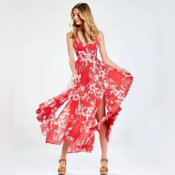 Free People Dresses & Skirts - Free People Lille Printed Maxi Halter Dress Raspberry Red Endless Summer Beach L